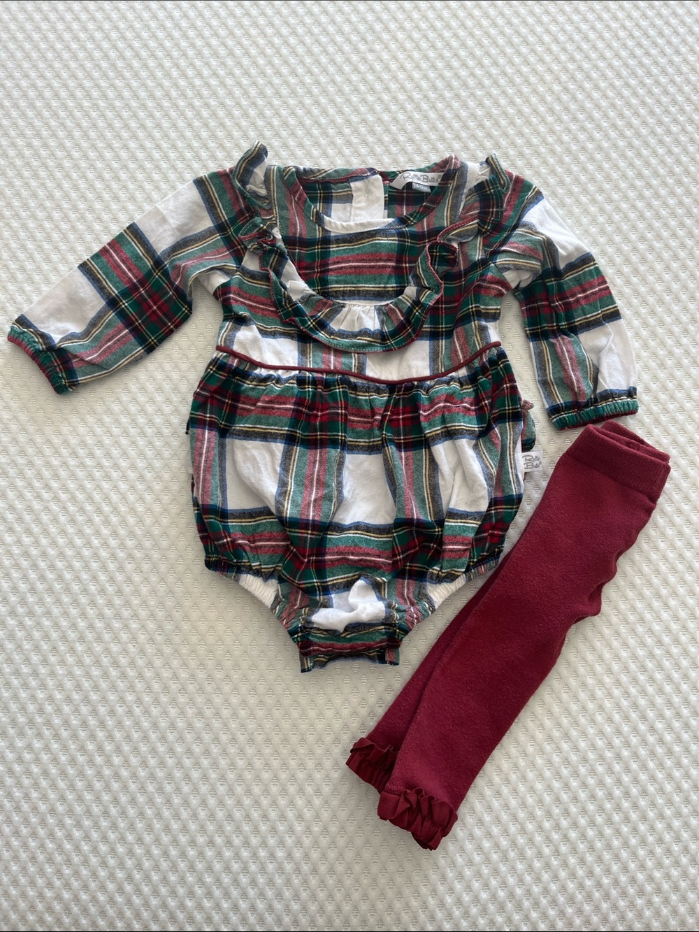 Ruffle Butts Green & Burgundy Plaid Baby Romper with Wine Tights